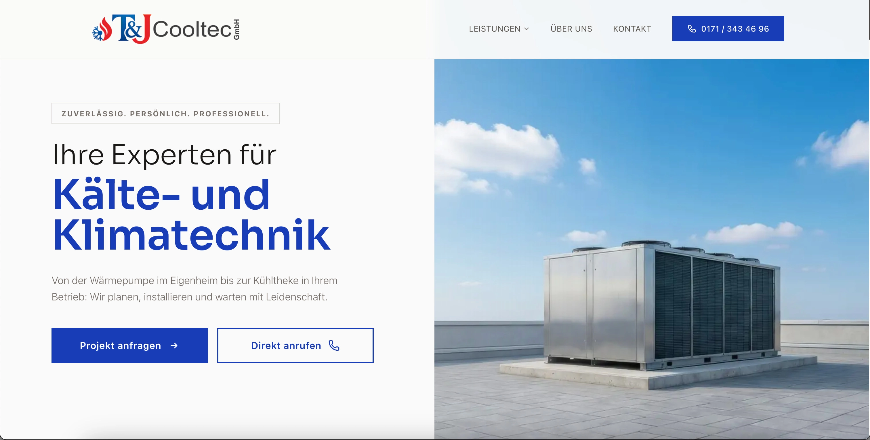 Desktop-Ansicht der Website für T&J Cooltec