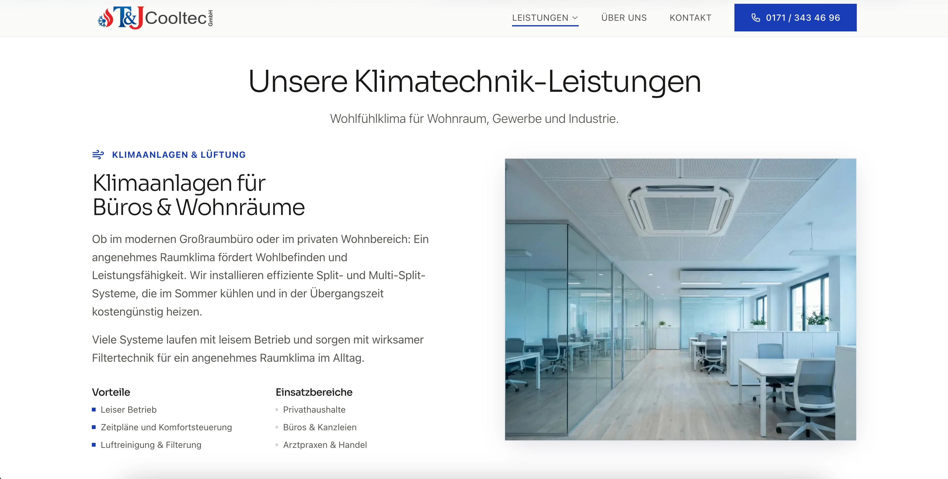 Dritte Desktop-Ansicht der Website für T&J Cooltec